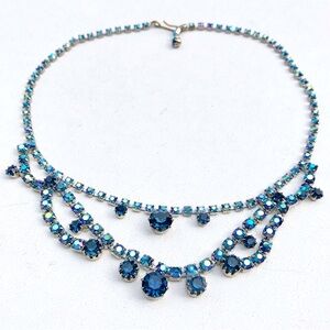 Vintage Blue Rhinestones Crystals Silver Tone Chocker Bib Necklace Aurora